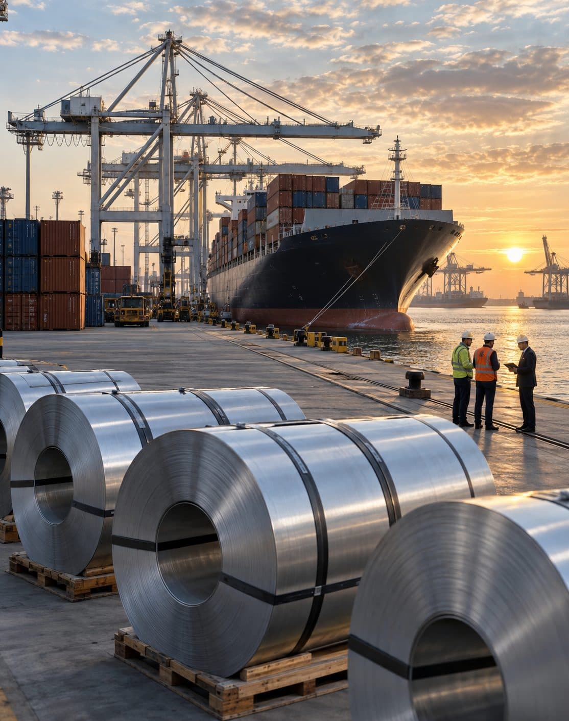 Aluminium coils on the quayside beside a container ship