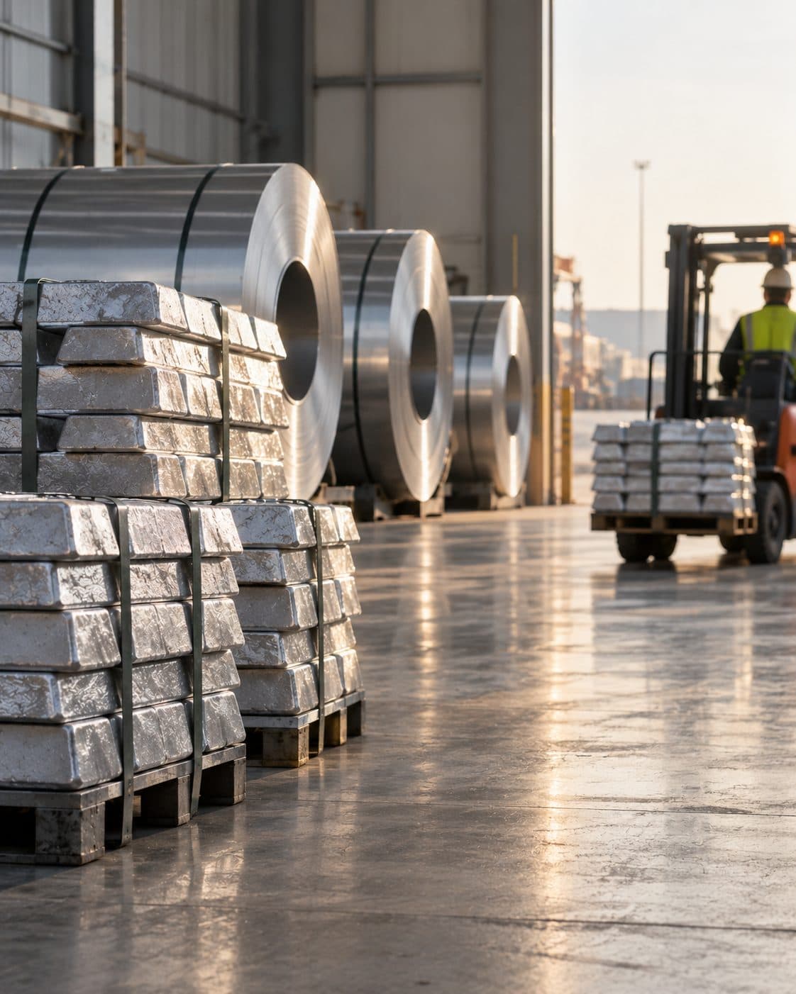 Aluminium coils and ingots in a warehouse