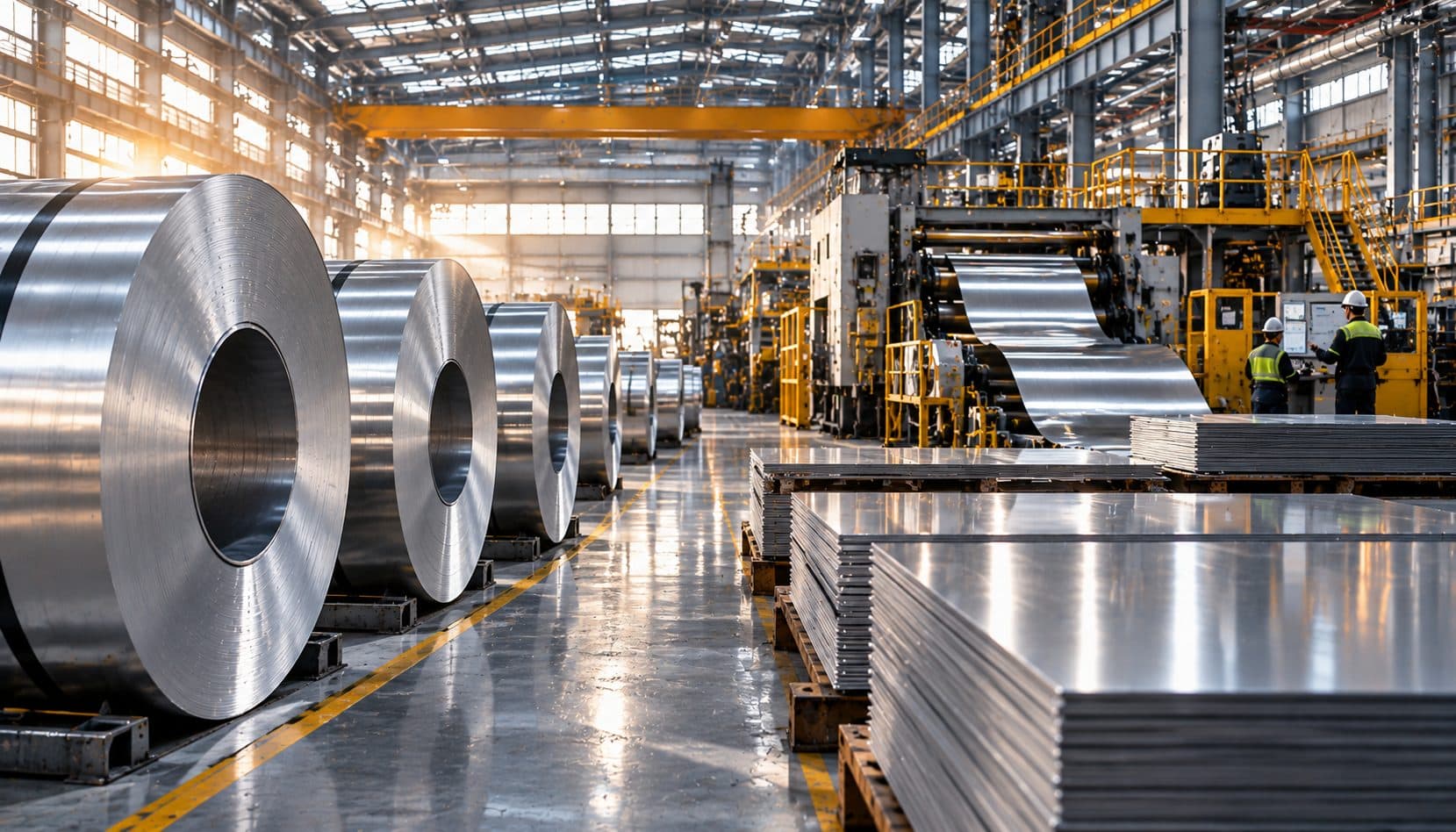 Aluminium coils and sheet on a rolling mill floor